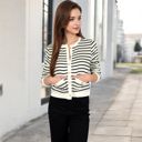 Beige Large Women's Striped Button-Up Cardigan with Pocket Detail