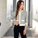 Beige Large Women's Striped Button-Up Cardigan with Pocket Detail