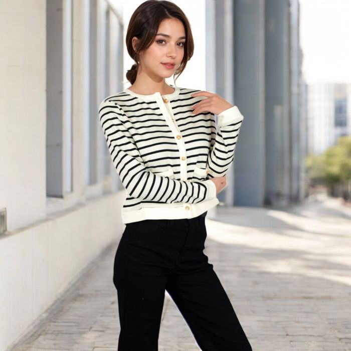 Women's Striped Button-Up Cardigan with Pocket Detail