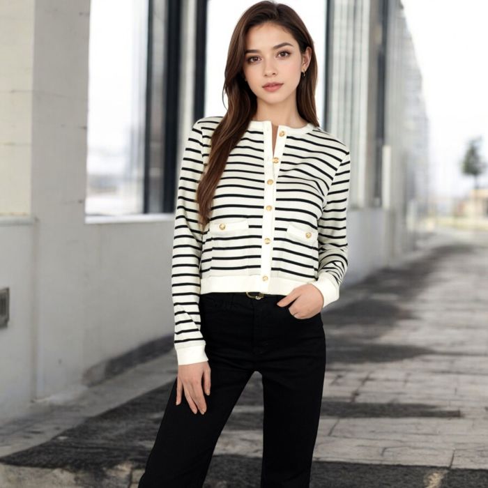 Women's Striped Button-Up Cardigan with Pocket Detail