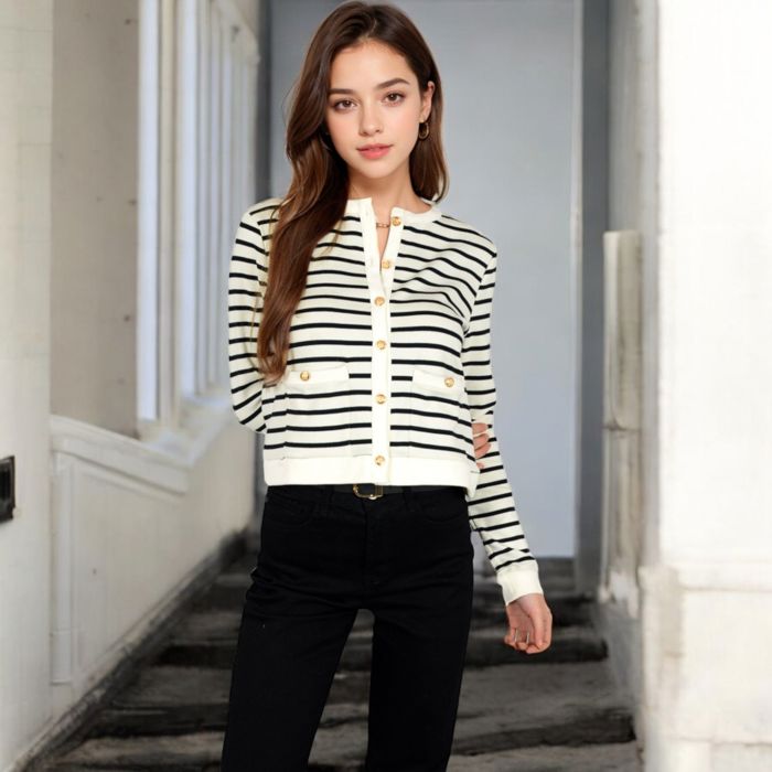 Women's Striped Button-Up Cardigan with Pocket Detail