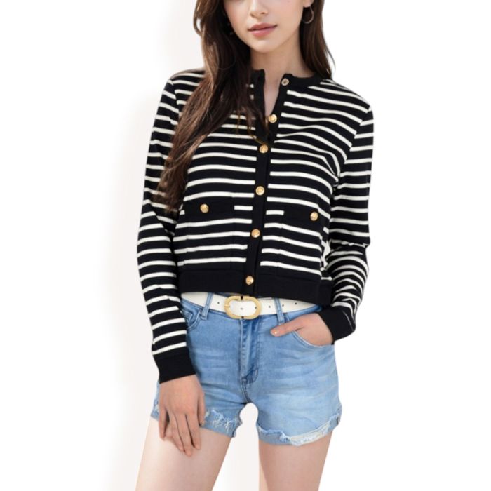 Women's Striped Button-Up Cardigan with Pocket Detail