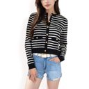 Black Large Women's Striped Button-Up Cardigan with Pocket Detail