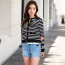 Black Large Women's Striped Button-Up Cardigan with Pocket Detail