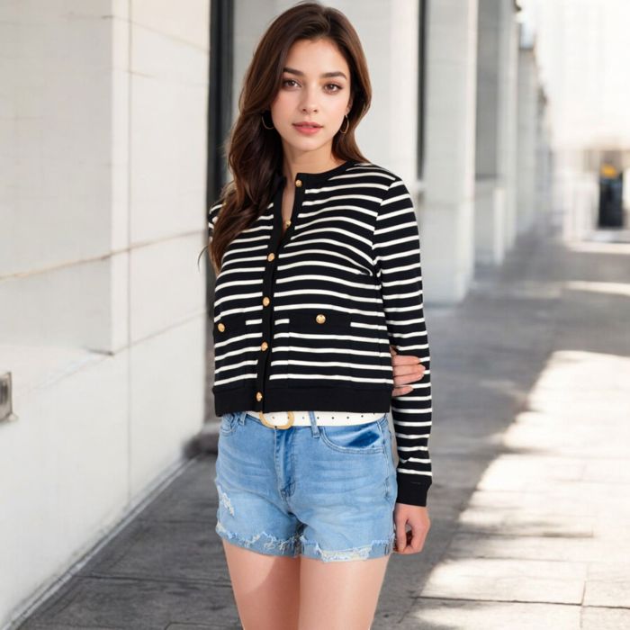 Women's Striped Button-Up Cardigan with Pocket Detail