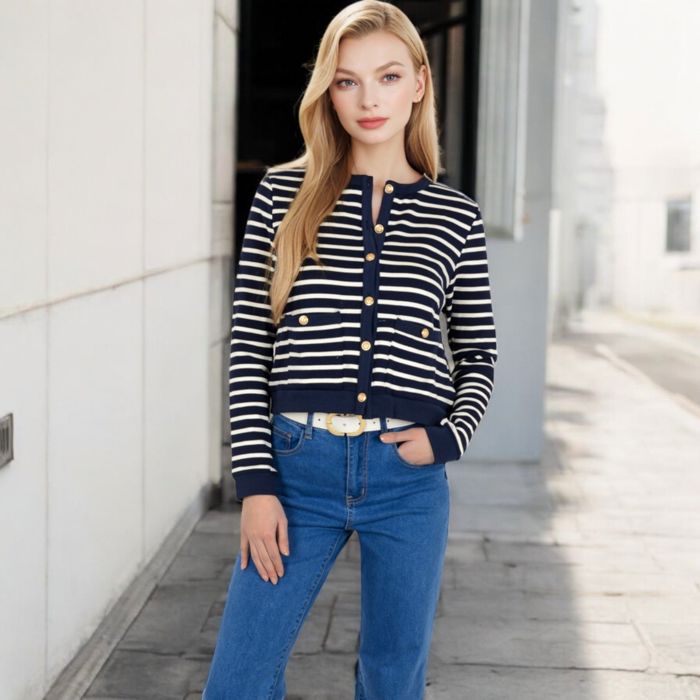 Women's Striped Button-Up Cardigan with Pocket Detail