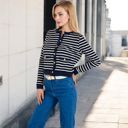 Blue Large Women's Striped Button-Up Cardigan with Pocket Detail