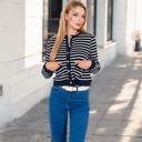 Blue Large Women's Striped Button-Up Cardigan with Pocket Detail