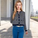 Blue Large Women's Striped Button-Up Cardigan with Pocket Detail