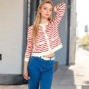 Red Large Women's Striped Button-Up Cardigan with Pocket Detail