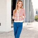 Red Large Women's Striped Button-Up Cardigan with Pocket Detail