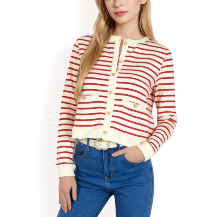 Women's Striped Button-Up Cardigan with Pocket Detail