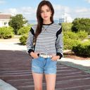 Black Large Women's Striped Crew Neck Sweatshirt with Contrast Sleeves