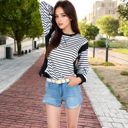 Black Large Women's Striped Crew Neck Sweatshirt with Contrast Sleeves