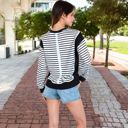 Black Large Women's Striped Crew Neck Sweatshirt with Contrast Sleeves