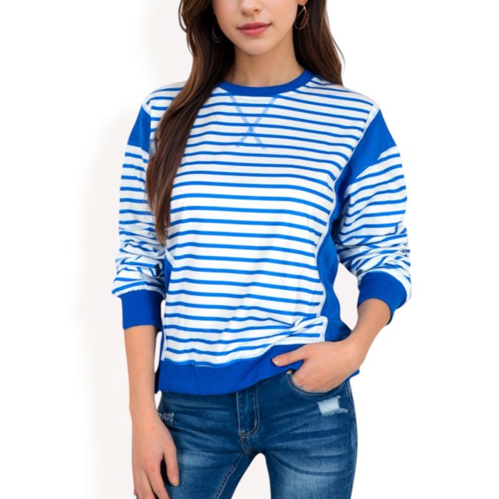 Women's Striped Crew Neck Sweatshirt with Contrast Sleeves