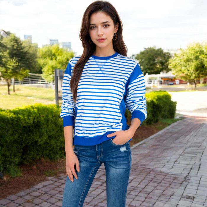 Women's Striped Crew Neck Sweatshirt with Contrast Sleeves