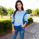 Blue Large Women's Striped Crew Neck Sweatshirt with Contrast Sleeves