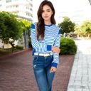 Blue Large Women's Striped Crew Neck Sweatshirt with Contrast Sleeves