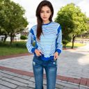 Blue Large Women's Striped Crew Neck Sweatshirt with Contrast Sleeves