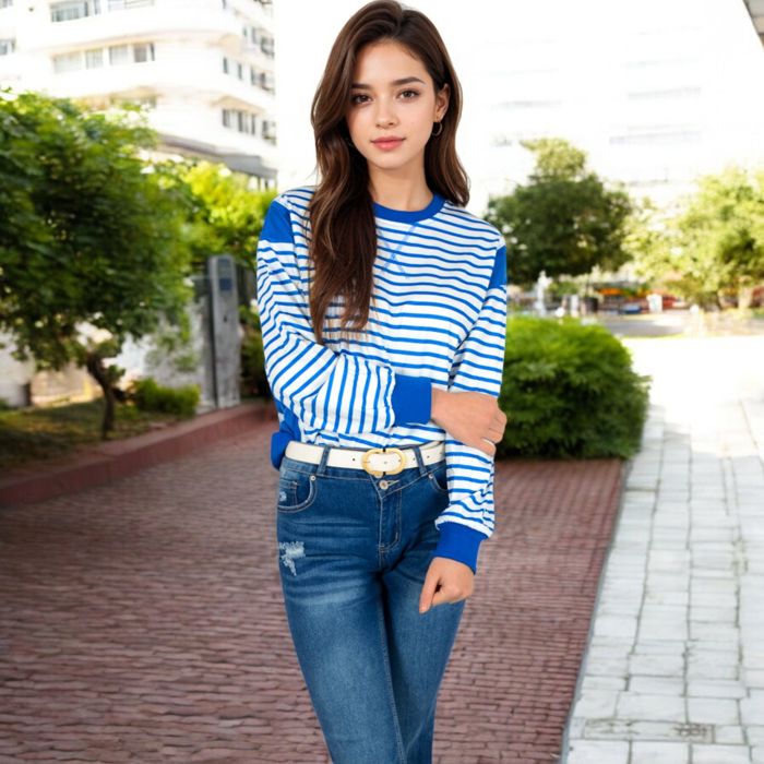 Women's Striped Crew Neck Sweatshirt with Contrast Sleeves