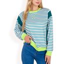 Green Large Women's Striped Crew Neck Sweatshirt with Contrast Sleeves