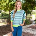 Green Large Women's Striped Crew Neck Sweatshirt with Contrast Sleeves