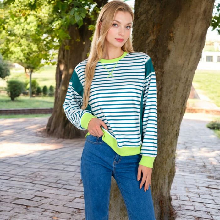 Women's Striped Crew Neck Sweatshirt with Contrast Sleeves