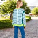 Green Large Women's Striped Crew Neck Sweatshirt with Contrast Sleeves