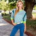 Green Large Women's Striped Crew Neck Sweatshirt with Contrast Sleeves