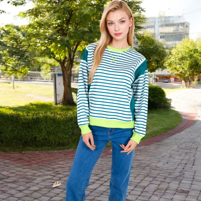 Women's Striped Crew Neck Sweatshirt with Contrast Sleeves