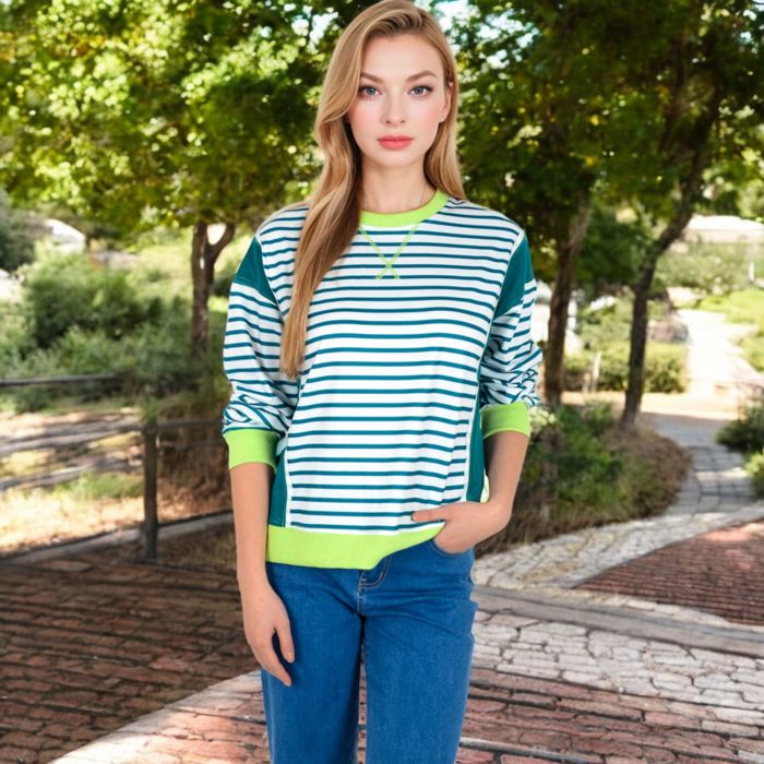 Women's Striped Crew Neck Sweatshirt with Contrast Sleeves