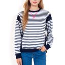 Blue Large Women's Striped Crew Neck Sweatshirt with Contrast Sleeves