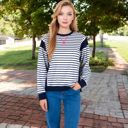 Blue Large Women's Striped Crew Neck Sweatshirt with Contrast Sleeves