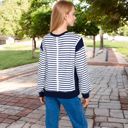 Blue Large Women's Striped Crew Neck Sweatshirt with Contrast Sleeves