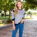 Blue Large Women's Striped Crew Neck Sweatshirt with Contrast Sleeves