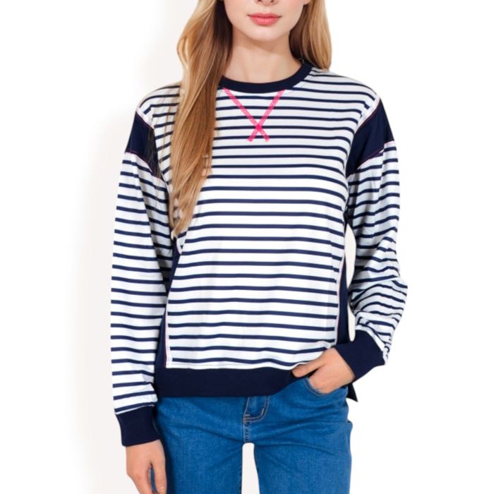 Women's Striped Crew Neck Sweatshirt with Contrast Sleeves