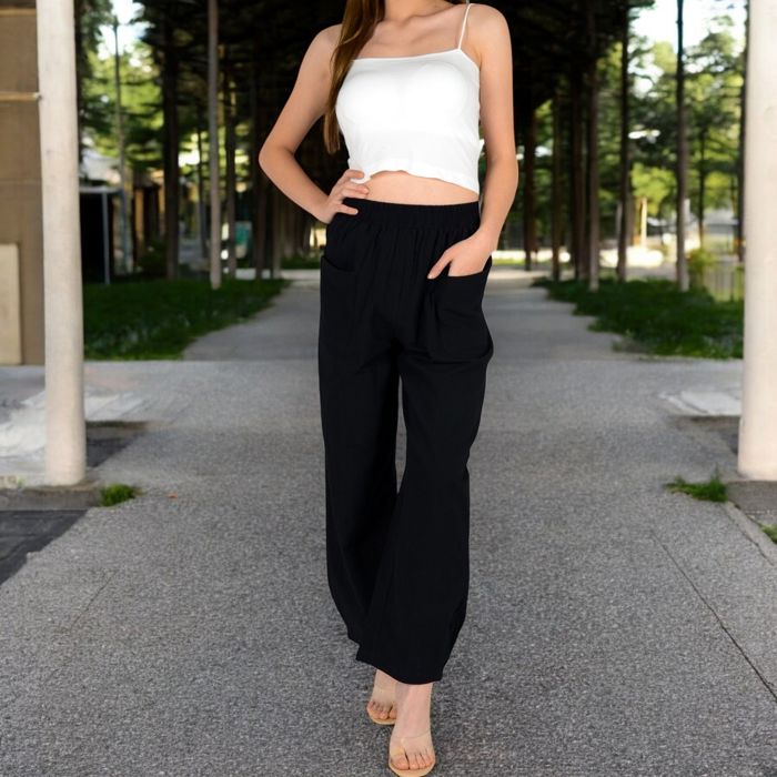 Women's Wide-Leg Elastic Waist Pants with Side Pockets