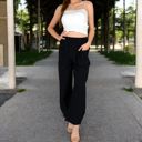 Black Large Women's Wide-Leg Elastic Waist Pants with Side Pockets