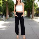 Black Large Women's Wide-Leg Elastic Waist Pants with Side Pockets