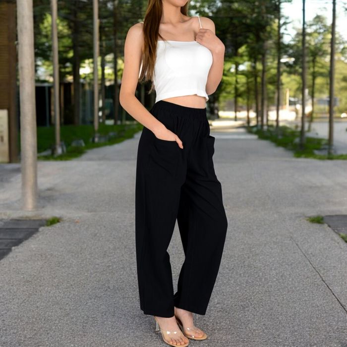 Women's Wide-Leg Elastic Waist Pants with Side Pockets