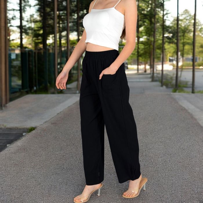 Women's Wide-Leg Elastic Waist Pants with Side Pockets