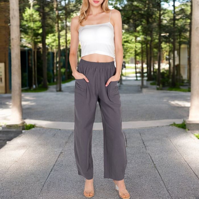 Women's Wide-Leg Elastic Waist Pants with Side Pockets