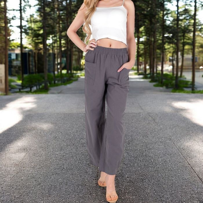 Women's Wide-Leg Elastic Waist Pants with Side Pockets