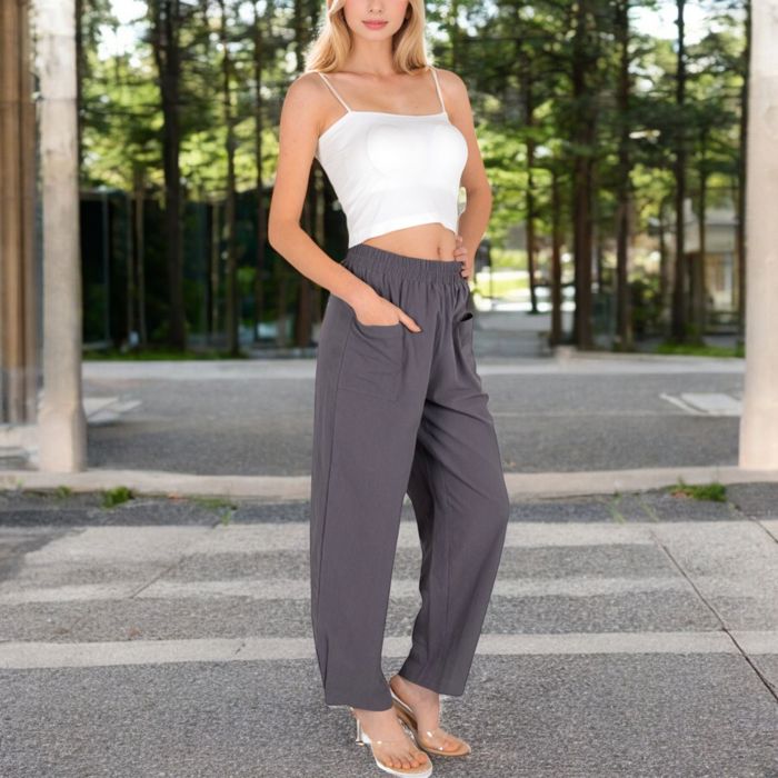 Women's Wide-Leg Elastic Waist Pants with Side Pockets