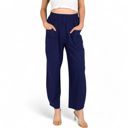 Blue Large Women's Wide-Leg Elastic Waist Pants with Side Pockets