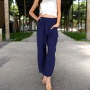 Blue Large Women's Wide-Leg Elastic Waist Pants with Side Pockets