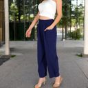 Blue Large Women's Wide-Leg Elastic Waist Pants with Side Pockets