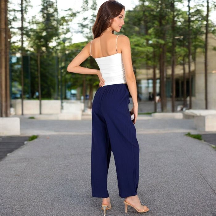 Women's Wide-Leg Elastic Waist Pants with Side Pockets