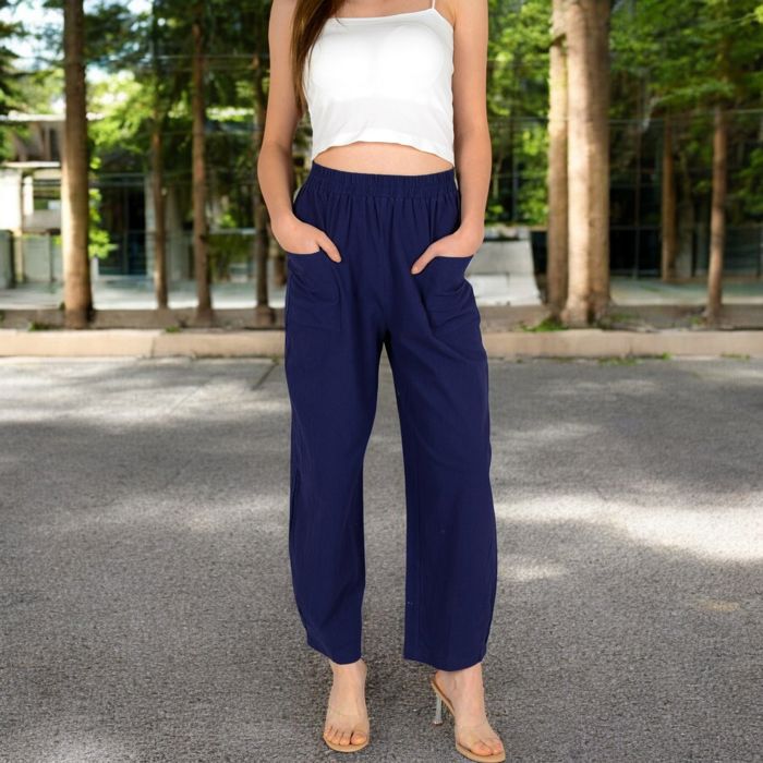 Women's Wide-Leg Elastic Waist Pants with Side Pockets